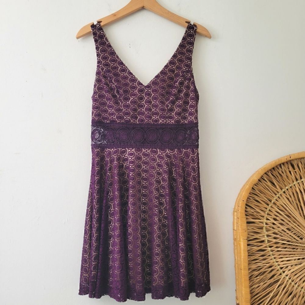 B Darlin Purple Lace Overlay Dress 9/10 Nude Lining Mini